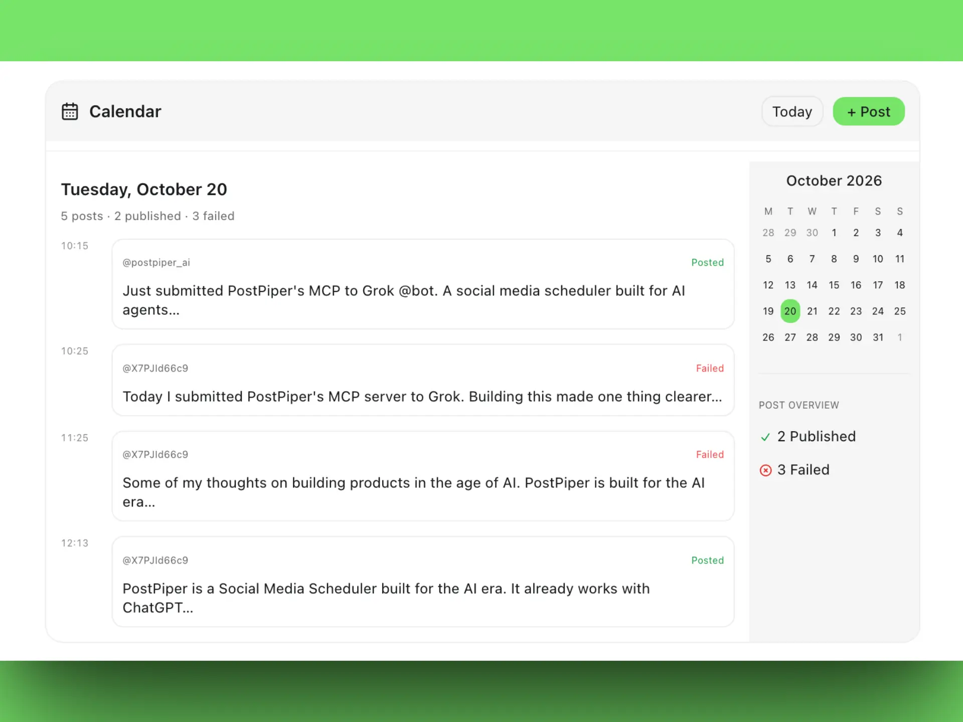 PostPiper social media content calendar showing scheduled posts from all connected accounts in one view